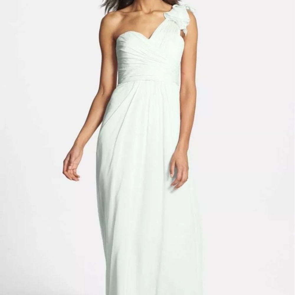 NWOT mint green Amsale Illusion Shoulder Dress
